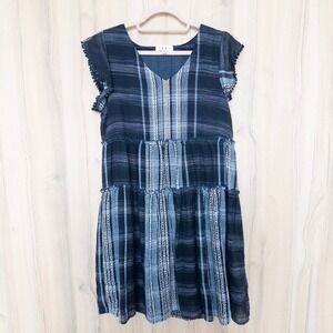 THML Womens Tiered‎ Plaid Ruffle Sleeve Dress Size M Blue Boho Cottage Indie